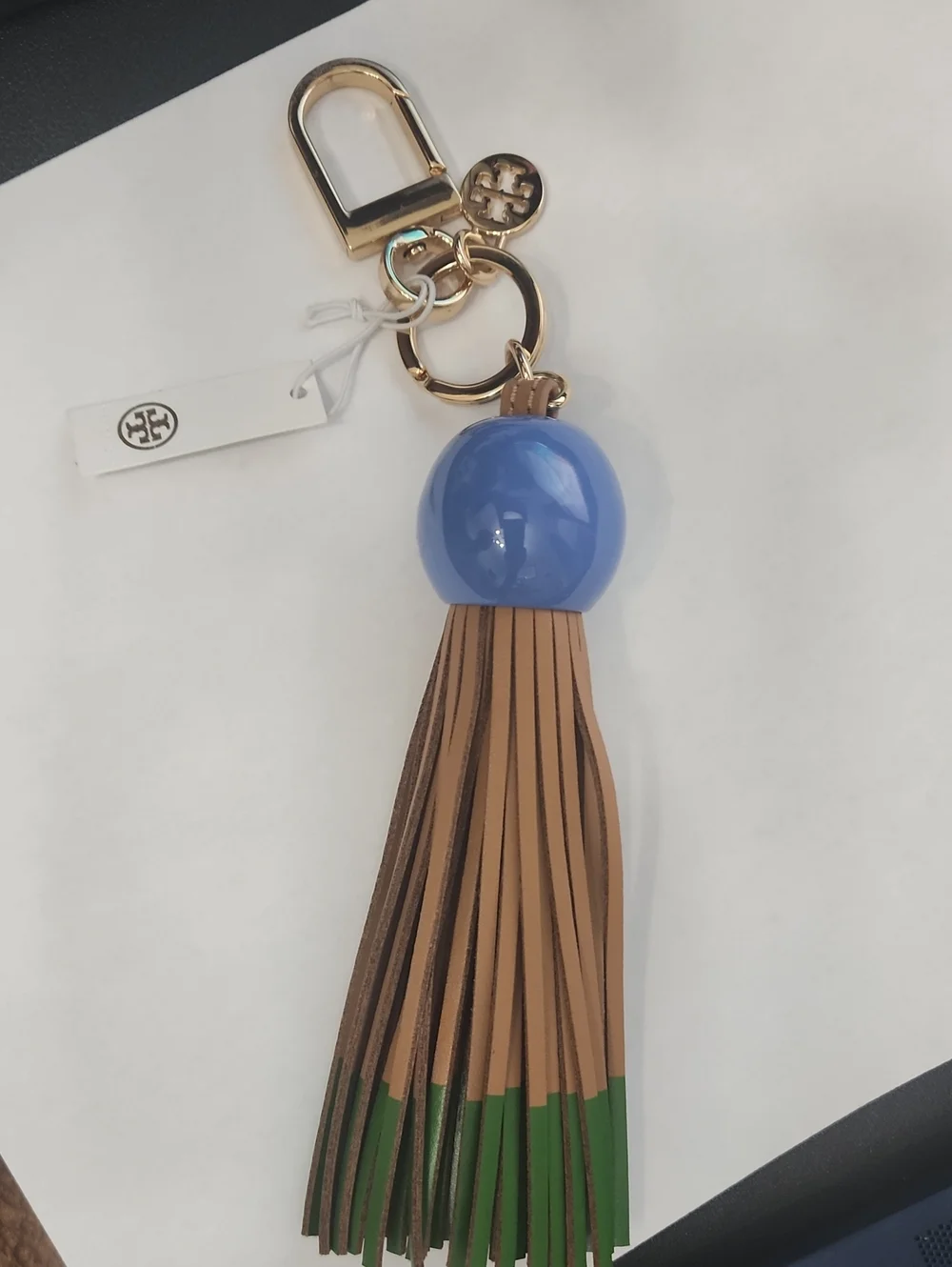 Tory Burch Blue Bead with Tan & Green Leather Tassel Keychain